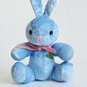 Billion Team Limited Bunny Rabbit Plush Blue Stuffed Toy Embroidered Carrot 7"